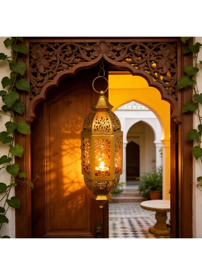 Ramadan Lantern Candle Holder, Metal Eid Mubarak Lantern Decor Lights, Moroccan Hollowed Lantern Lighting Decoration for Home Table Party Ramadan Tabletop, 12*12*34cm (Gold) - Image 5